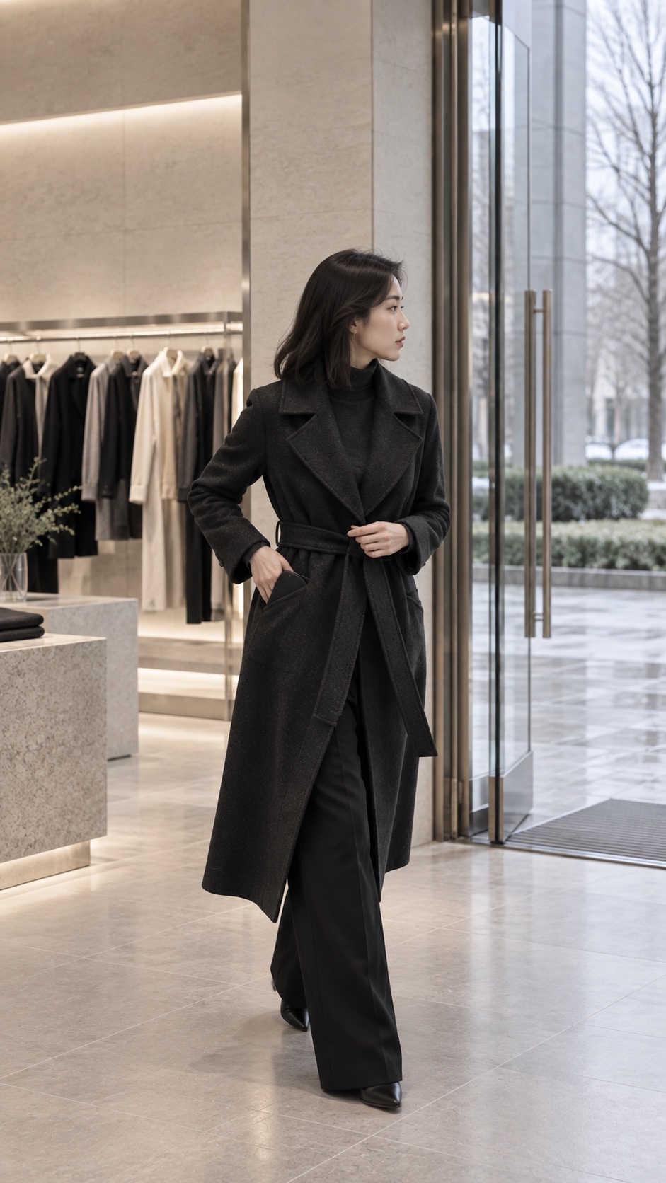 AI 虚拟试穿示意：同一女主换上黑色大衣